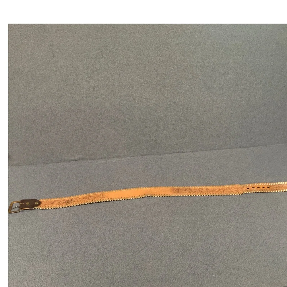 Vintage Brown Leather Floral Embossed Belt Tooled Gold Trim Name Size 34 M Women